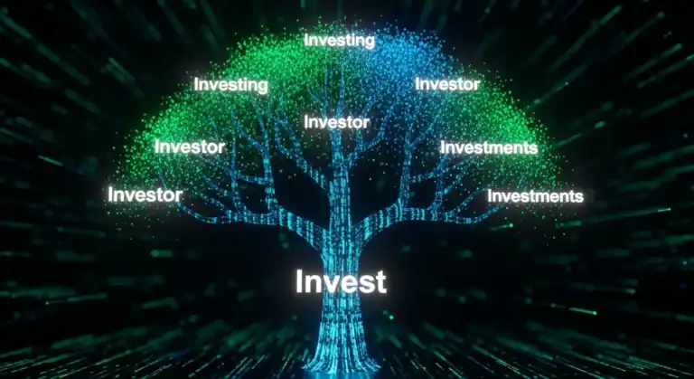 Investment growth tree graphic with terms: investor, investments, invest, investing.